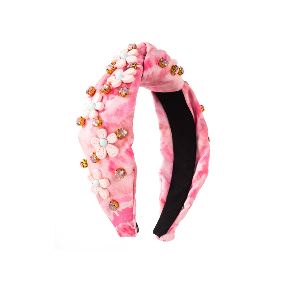 Wholesale Tie Dyed Fabric Inlaid with Diamonds, Flower Bows, Valentine's Day Headbands